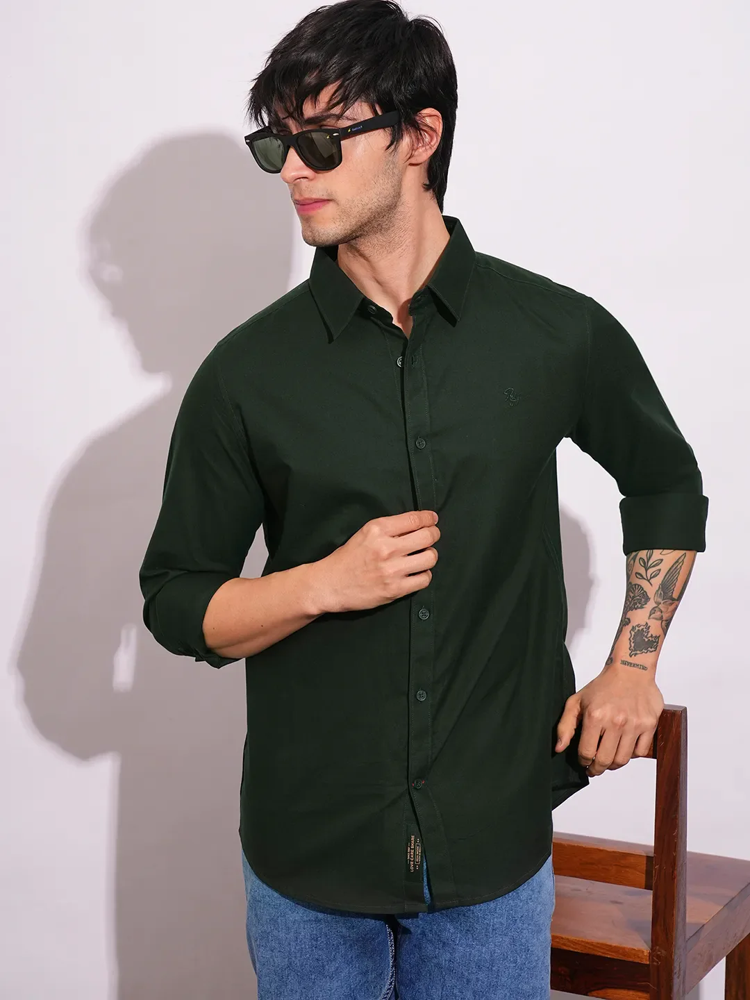 Green Slim Straight Fit Regular Collar Long Sleeves Men's Shirt by Being Human Clothing - Image 6