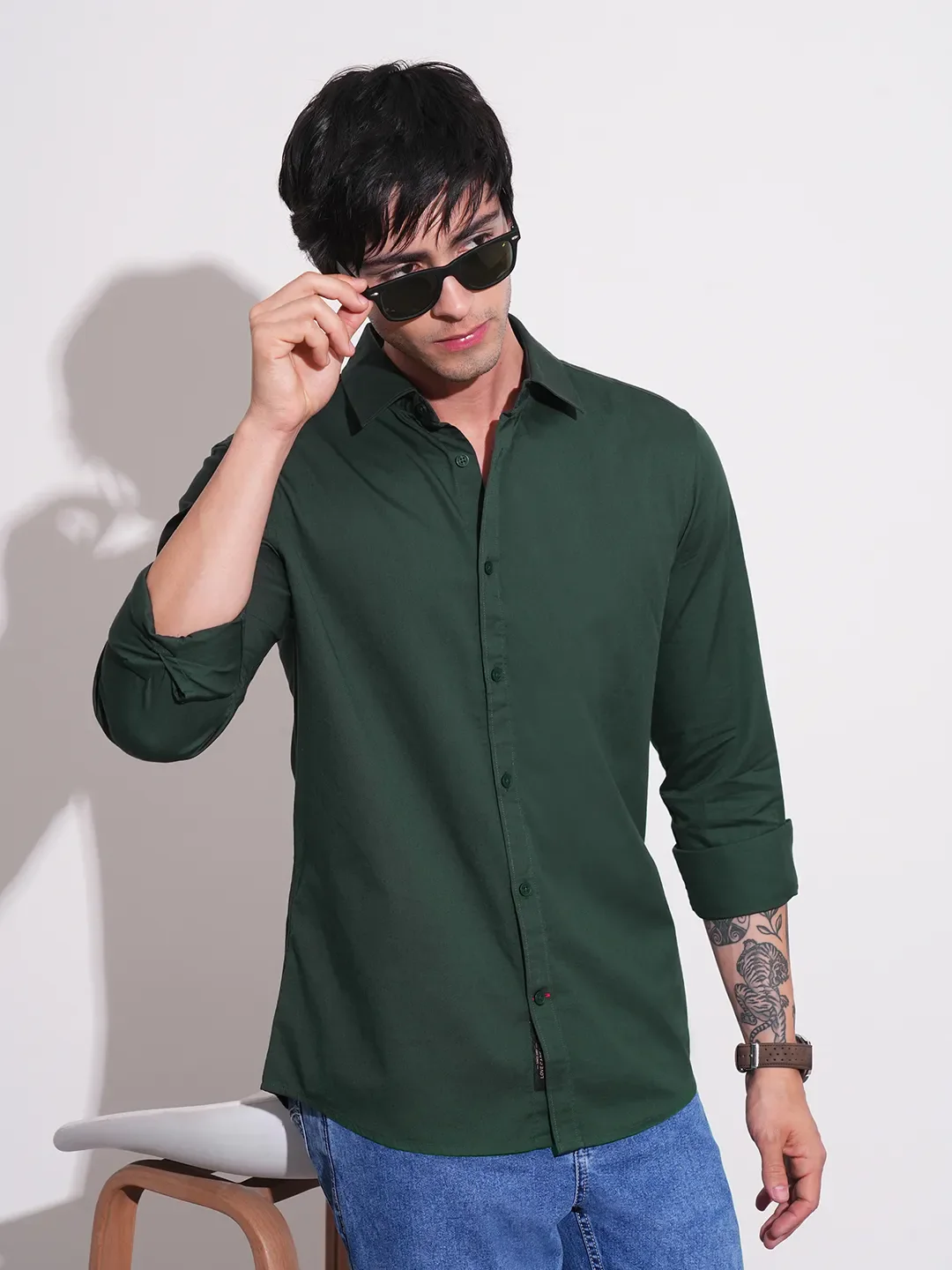 Green Slim Straight Fit Regular Collar Long Sleeves Men's Shirt by Being Human Clothing - Image 6