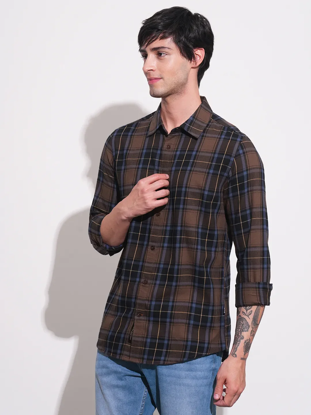 Brown Slim Straight Fit Regular Collar Long Sleeves Men's Shirt by Being Human Clothing - Image 2