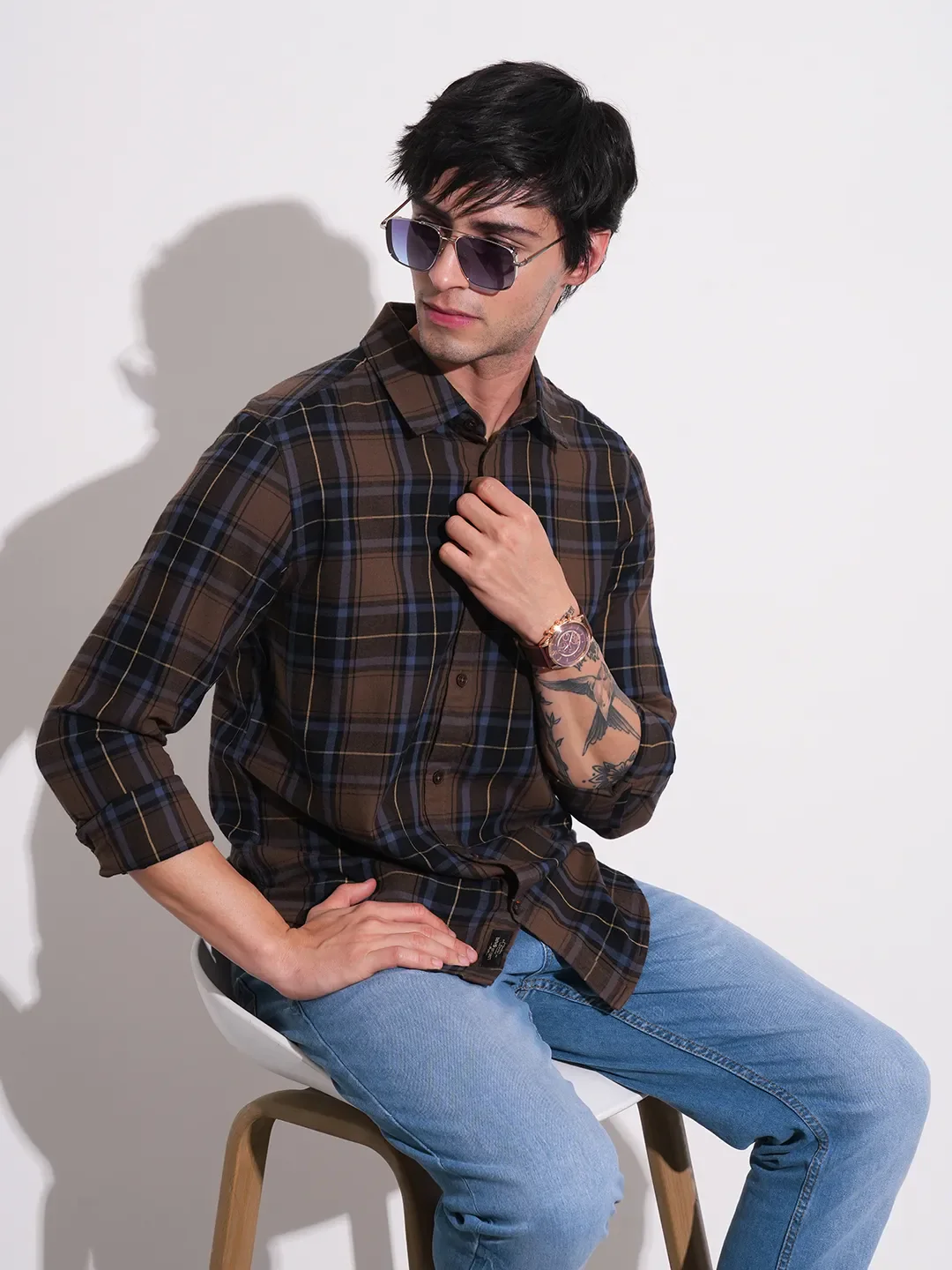 Brown Slim Straight Fit Regular Collar Long Sleeves Men's Shirt by Being Human Clothing - Image 6