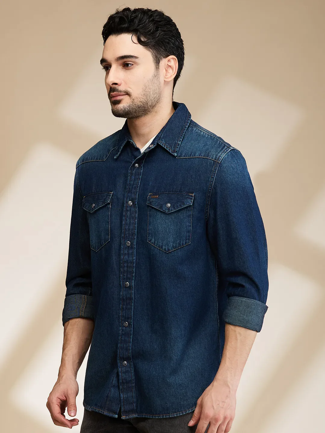 Dark Blue Slim Fit Regular Collar Men's Shirt by Being Human Clothing - Image 4
