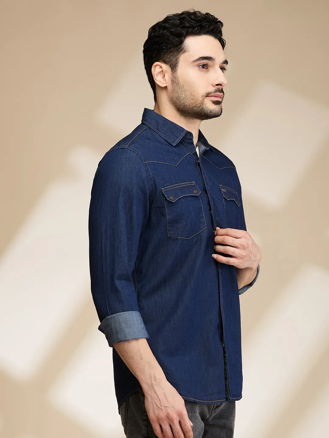 Blue Slim Straight Fit Regular Collar Long Sleeves Men's Shirt by Being Human Clothing - Image 4