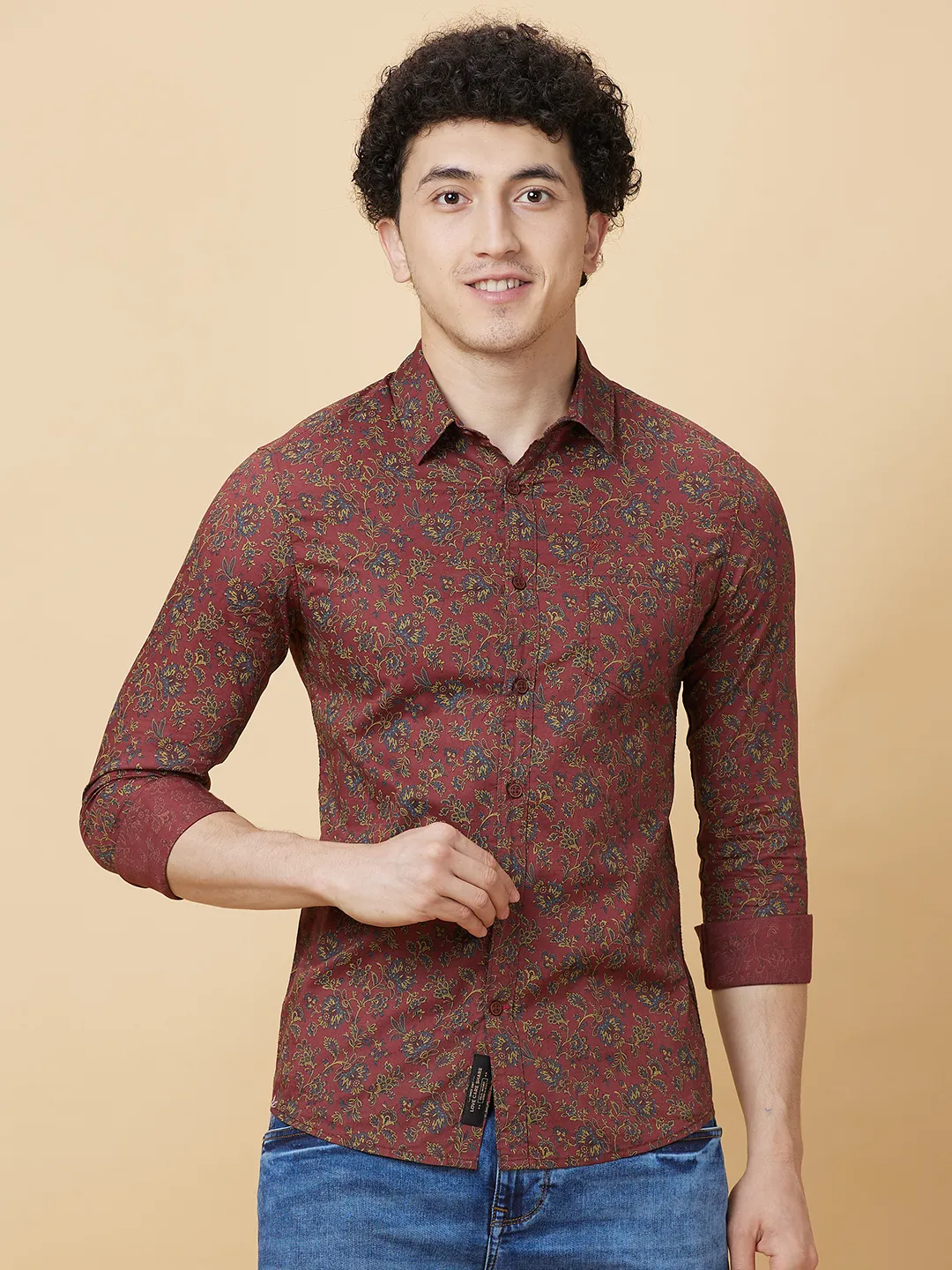 Red Slim Fit Regular Collar Men's Shirt by Being Human Clothing