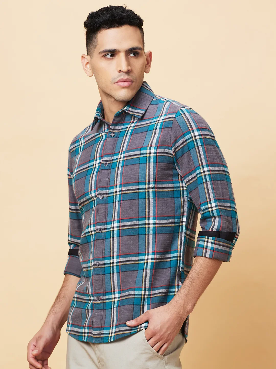 Teal Slim Fit Regular Collar Men's Shirt by Being Human Clothing - Image 4