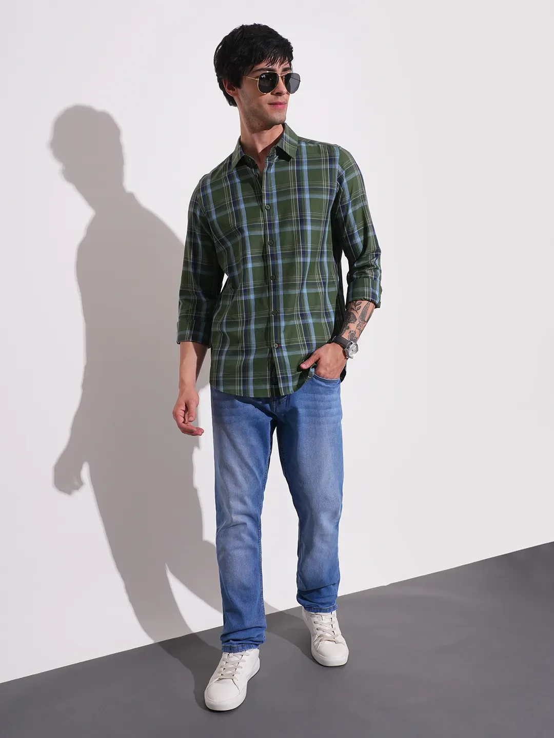 Dark Green Slim Fit Regular Collar Men's Shirt by Being Human Clothing - Image 4