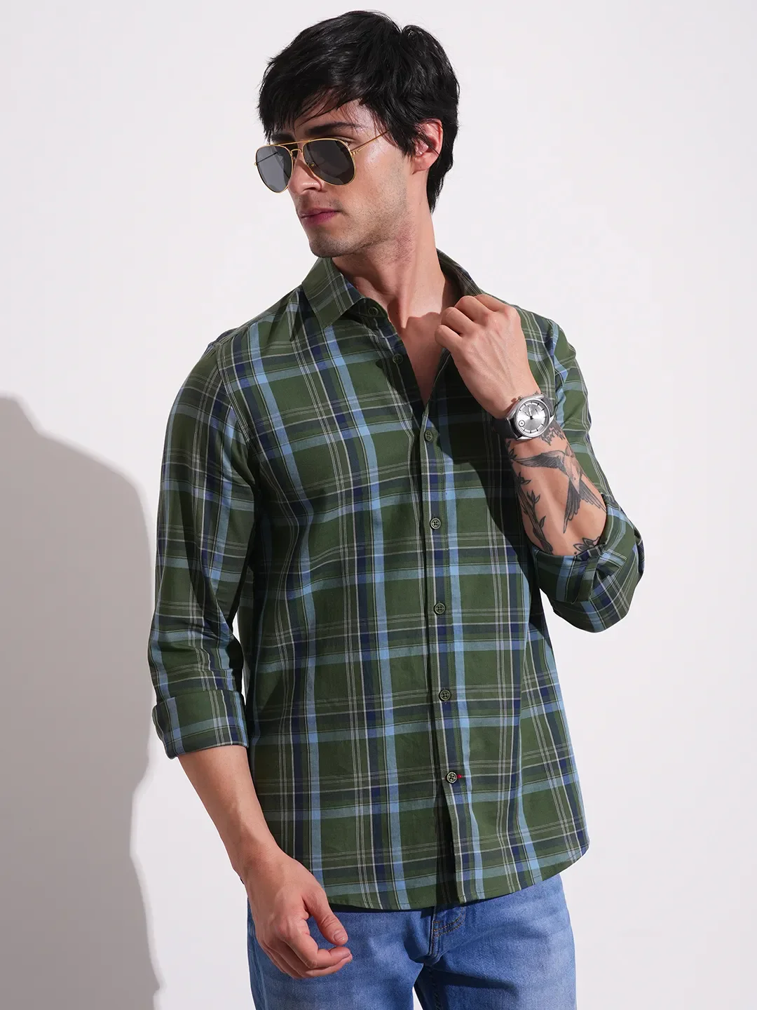 Dark Green Slim Fit Regular Collar Men's Shirt by Being Human Clothing - Image 6