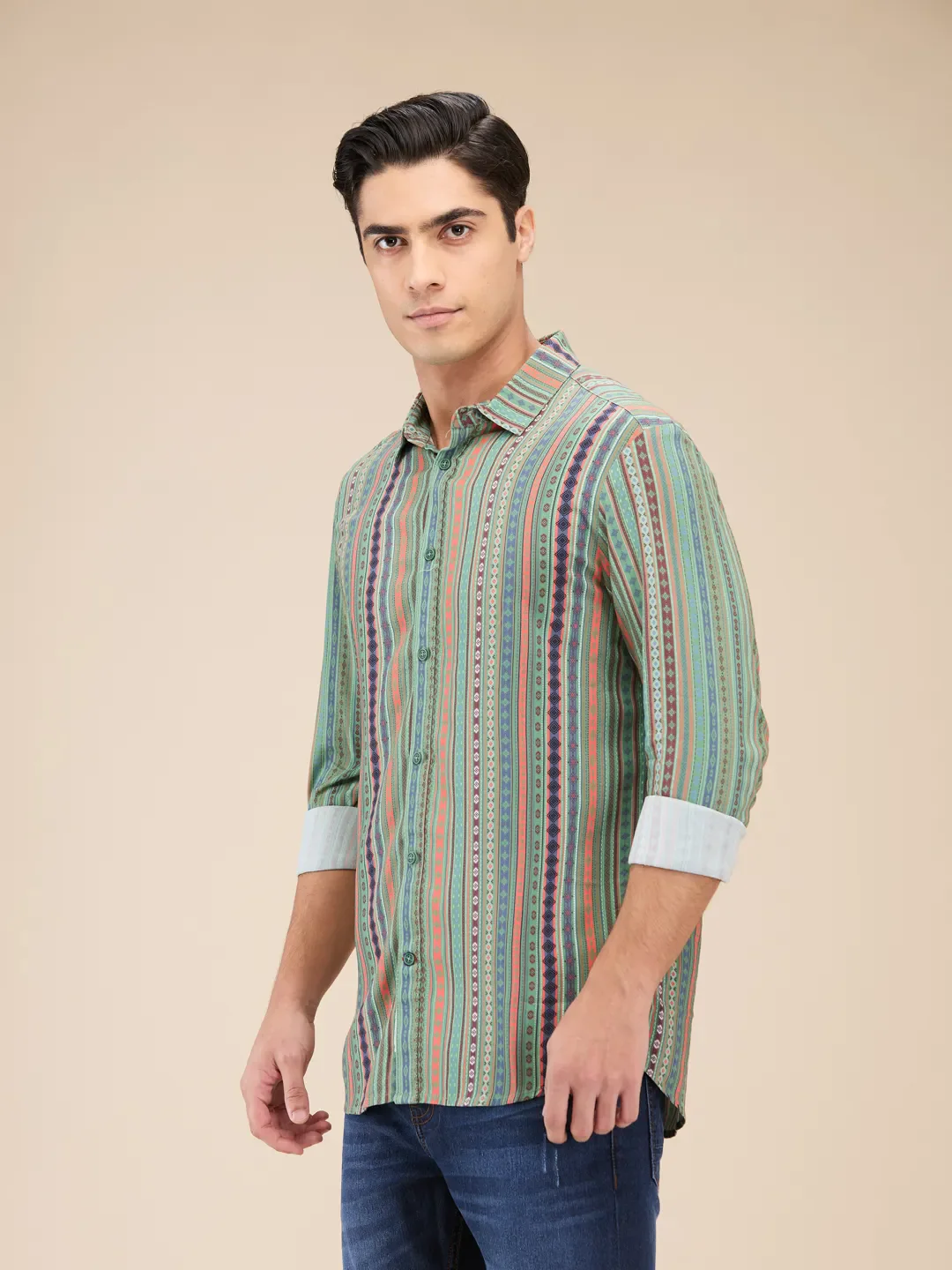 Green Slim Straight Fit Regular Collar Long Sleeves Men's Shirt by Being Human Clothing - Image 4