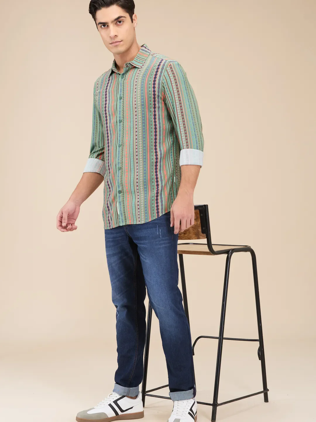 Green Slim Straight Fit Regular Collar Long Sleeves Men's Shirt by Being Human Clothing - Image 6