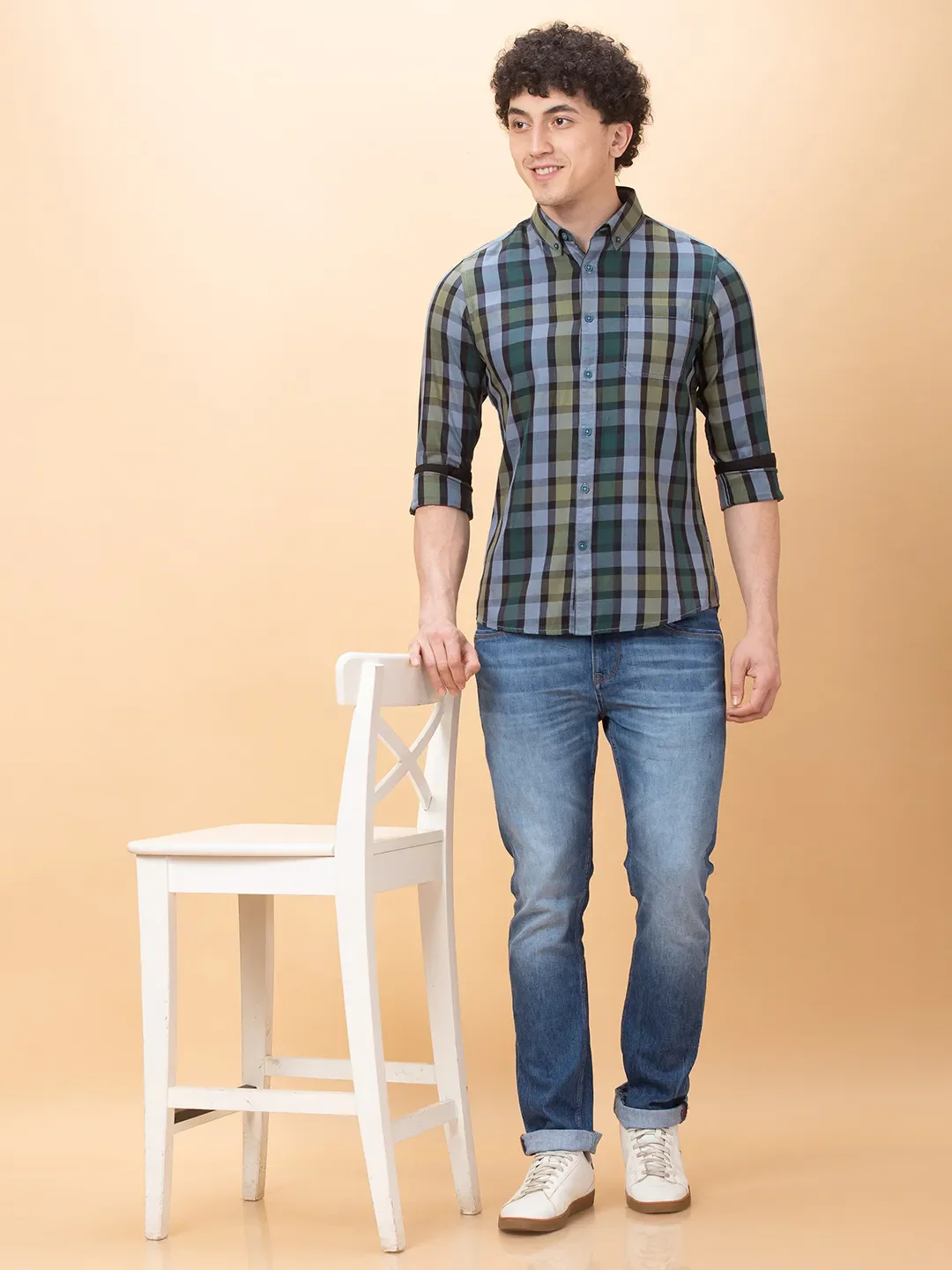 Green Slim Fit Regular Collar Men's Shirt by Being Human Clothing - Image 6