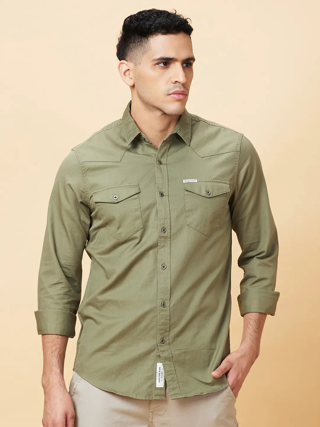Green Slim Fit Regular Collar Men's Shirt by Being Human Clothing