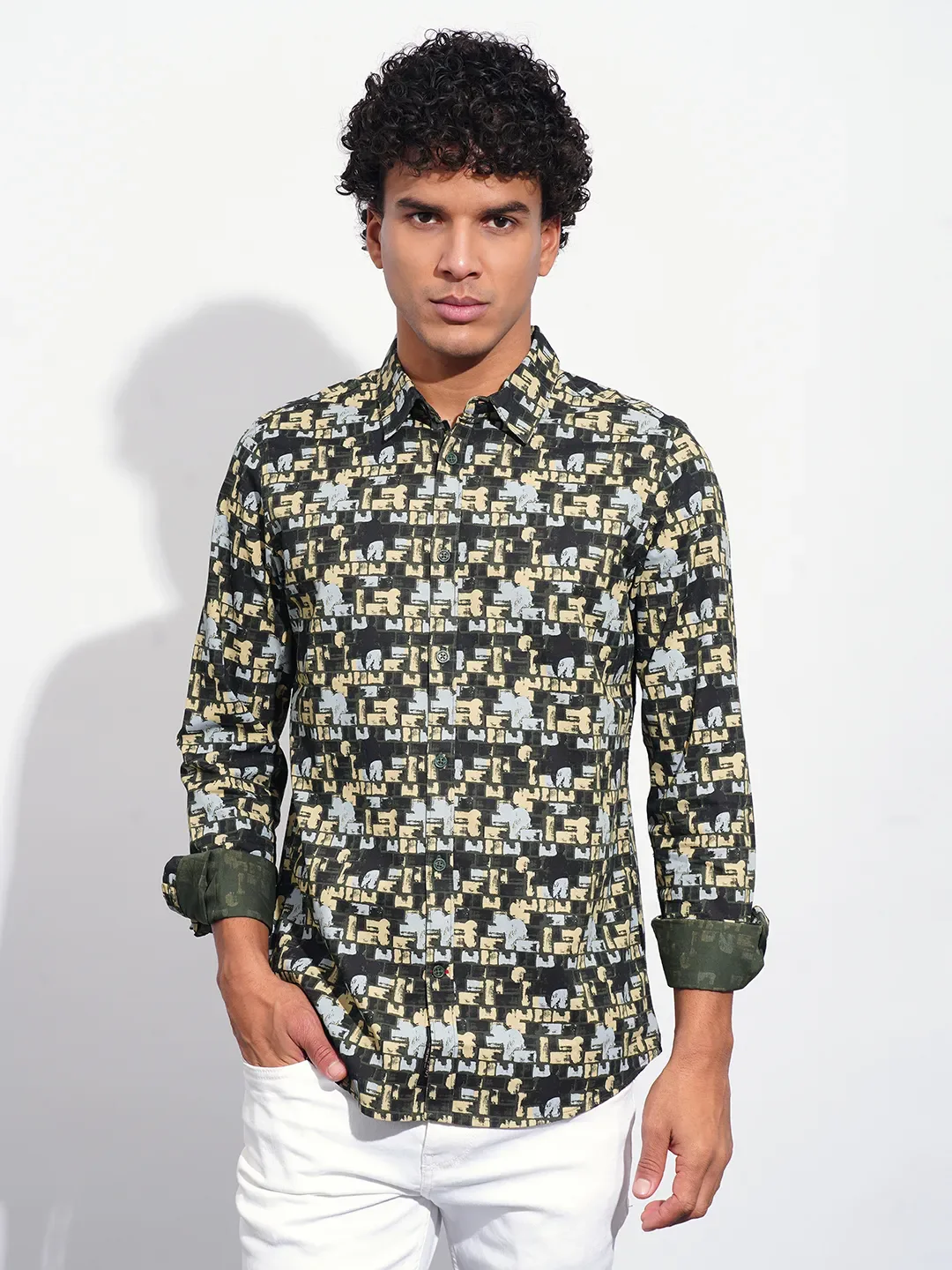 Green Slim Straight Fit Regular Collar Long Sleeves Men's Shirt by Being Human Clothing