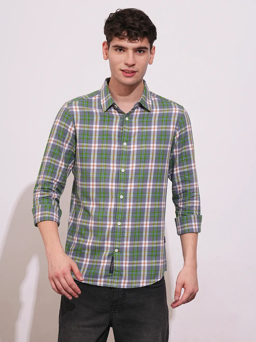 Green Slim Straight Fit Regular Collar Long Sleeves Men's Shirt by Being Human Clothing