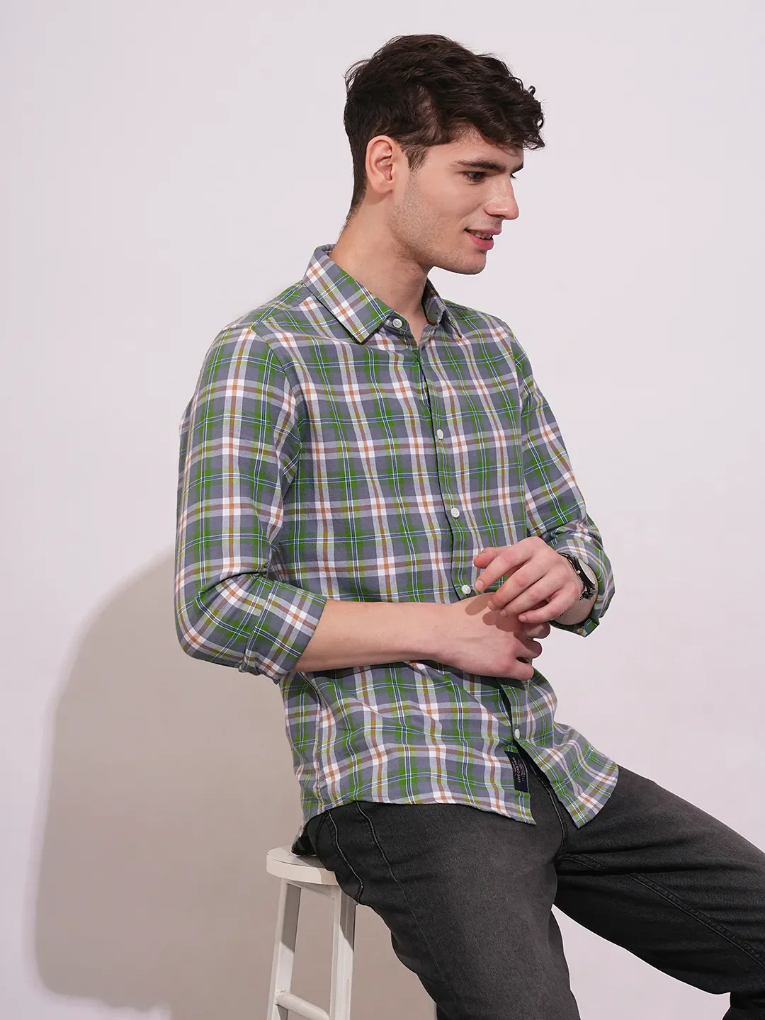 Green Slim Straight Fit Regular Collar Long Sleeves Men's Shirt by Being Human Clothing - Image 6