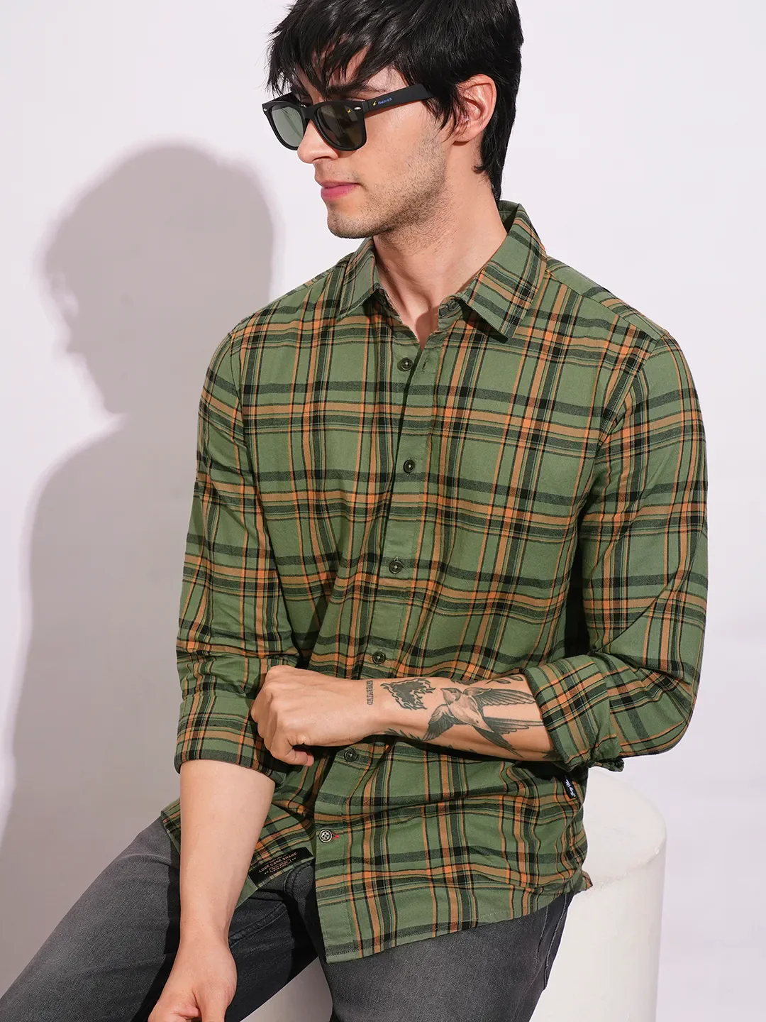 Green Slim Straight Fit Regular Collar Long Sleeves Men's Shirt by Being Human Clothing - Image 6
