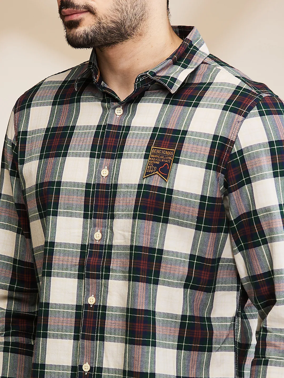 Green Slim Straight Fit Regular Collar Long Sleeves Men's Shirt by Being Human Clothing - Image 5