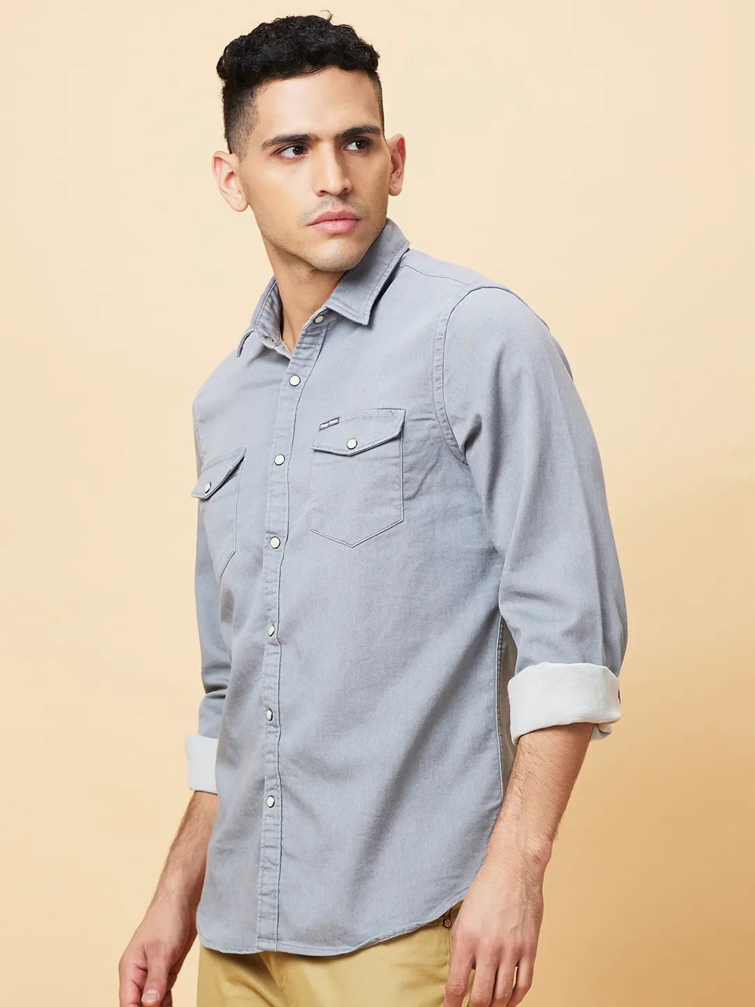 Grey Slim Straight Fit Regular Collar Long Sleeves Men's Shirt by Being Human Clothing - Image 4