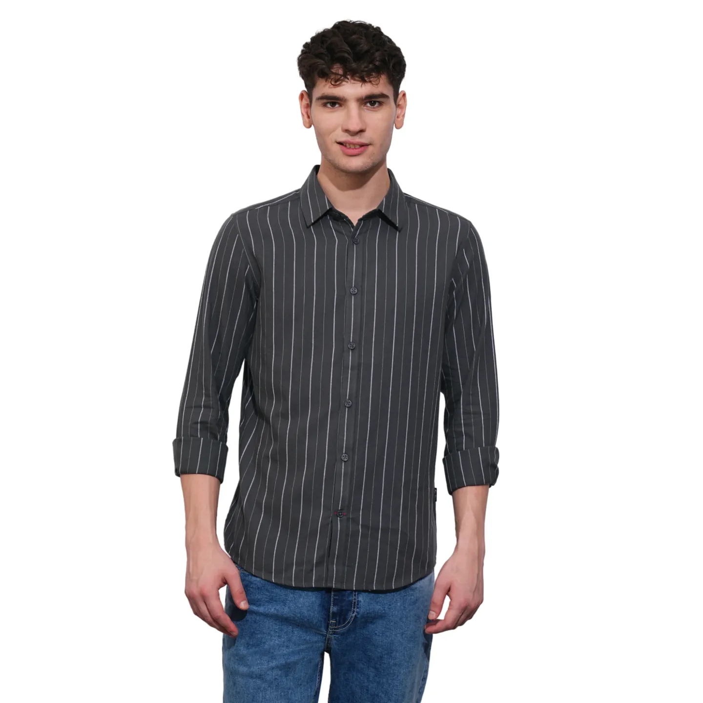 Grey Slim Straight Fit Regular Collar Long Sleeves Men's Shirt by Being Human Clothing