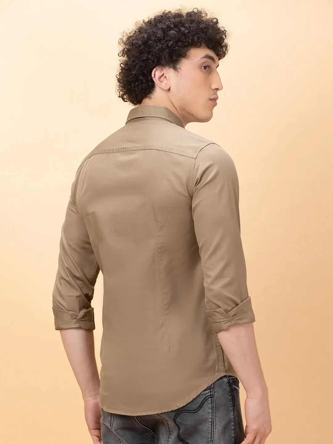 Khaki Slim Fit Regular Collar Men's Shirt by Being Human Clothing - Image 3