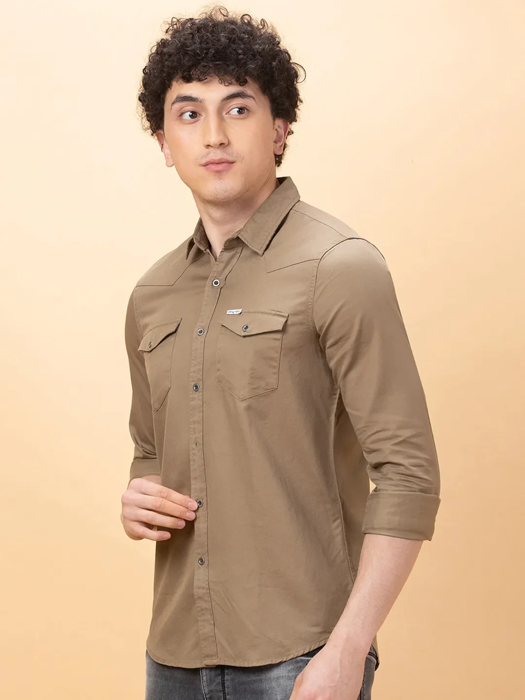 Khaki Slim Fit Regular Collar Men's Shirt by Being Human Clothing - Image 4