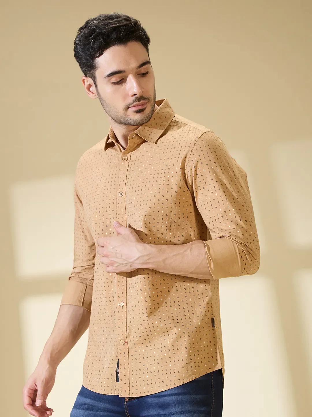 Khaki Slim Straight Fit Regular Collar Long Sleeves Men's Shirt by Being Human Clothing - Image 4