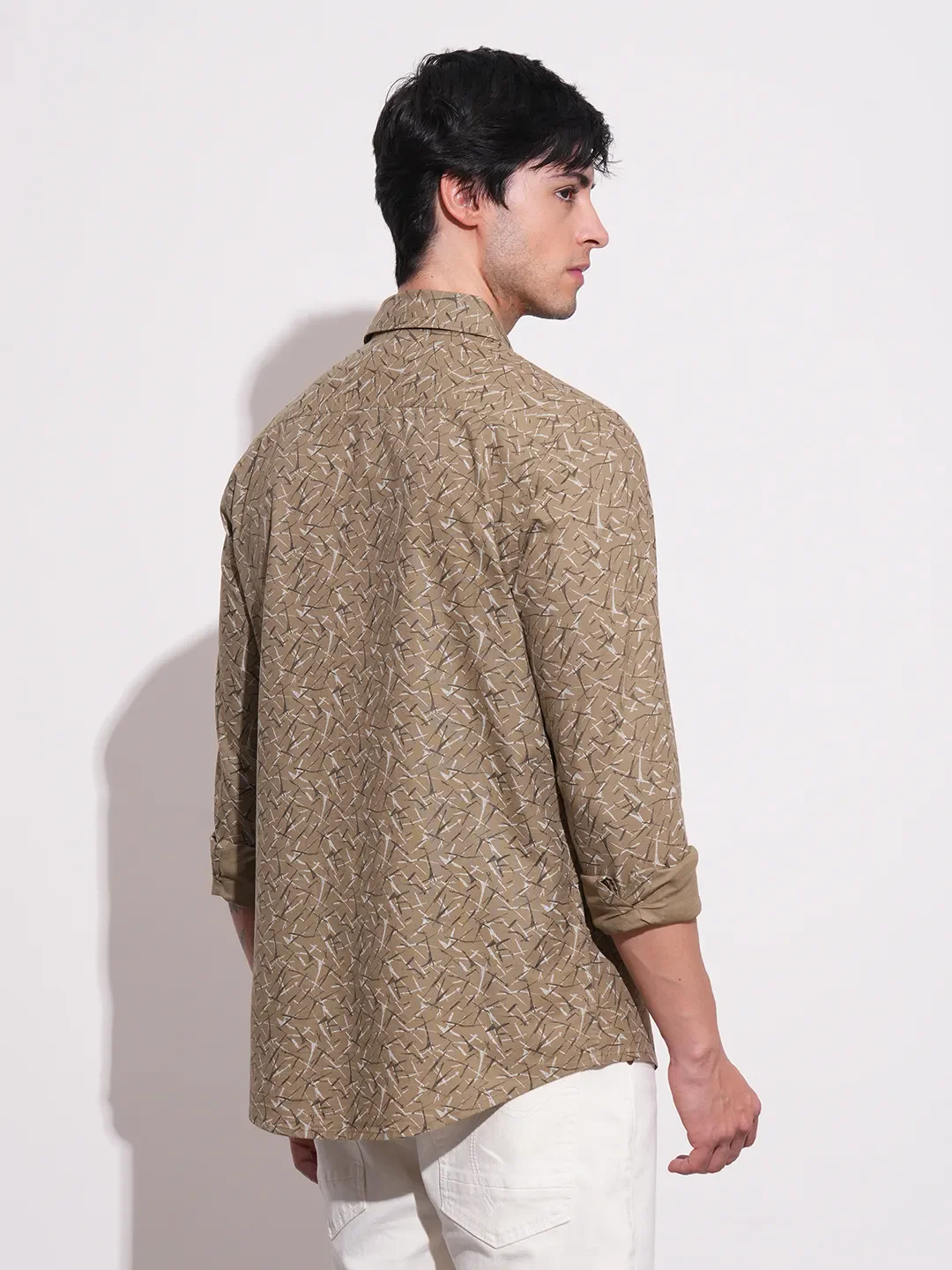 Khaki Slim Straight Fit Regular Collar Long Sleeves Men's Shirt by Being Human Clothing - Image 3