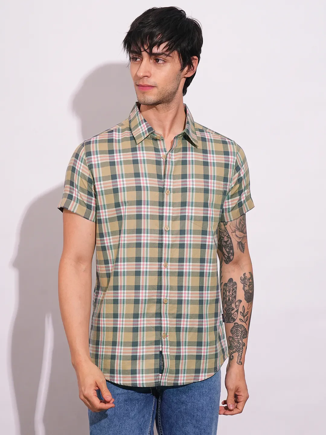Khaki Slim Fit Regular Collar Men's Shirt by Being Human Clothing