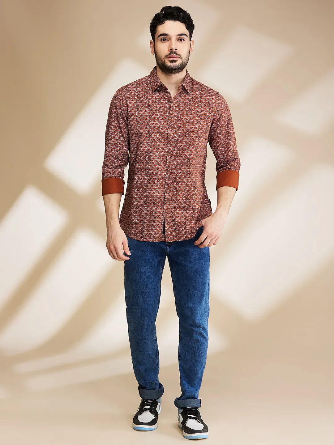 Brown Slim Straight Fit Regular Collar Long Sleeves Men's Shirt by Being Human Clothing - Image 2