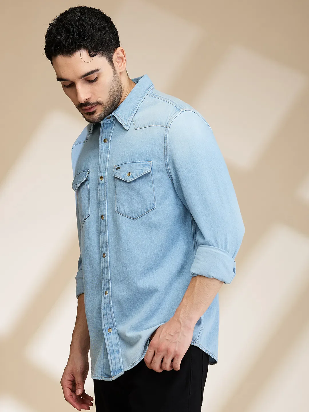 Light Blue Slim Fit Regular Collar Men's Shirt by Being Human Clothing - Image 4