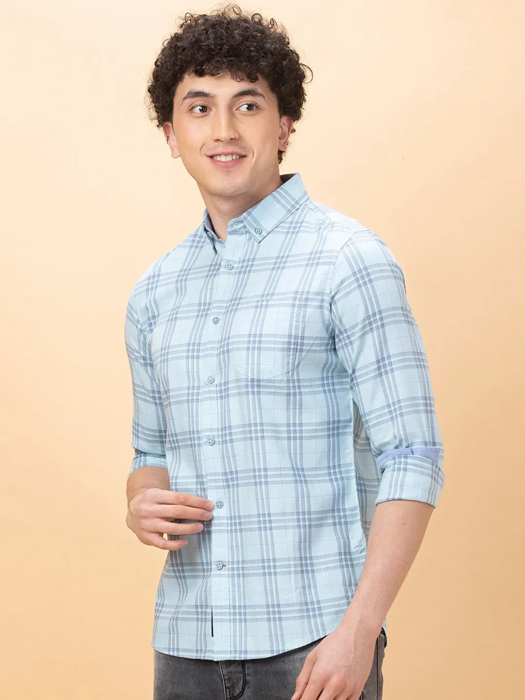 Light Blue Slim Fit Regular Collar Men's Shirt by Being Human Clothing - Image 4