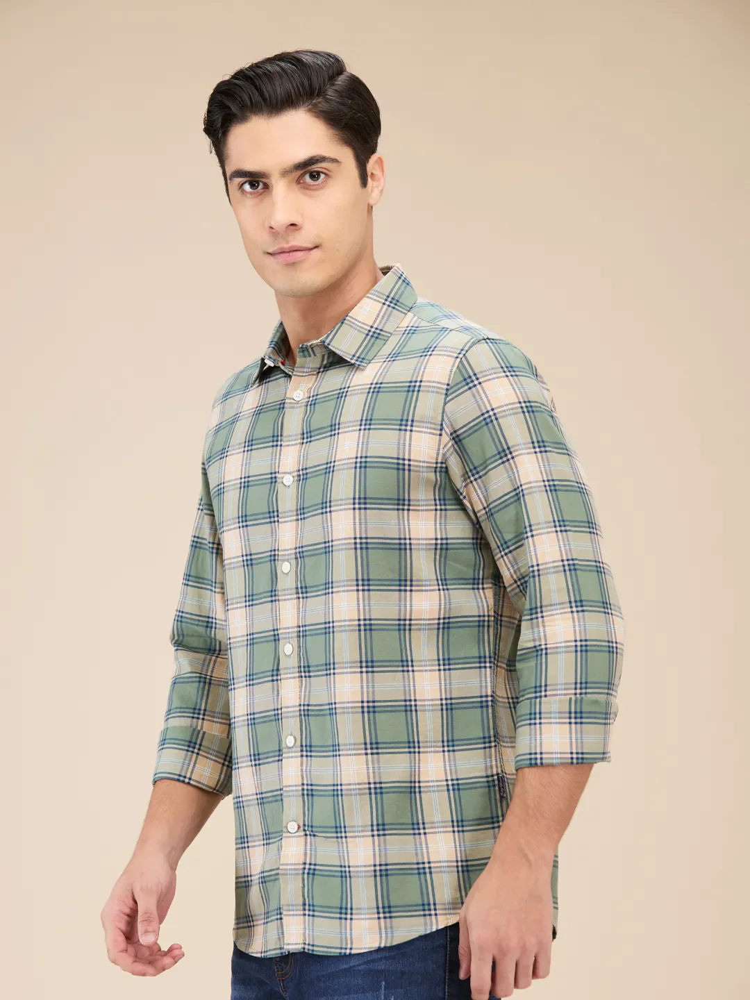 Olive Slim Straight Fit Regular Collar Long Sleeves Men's Shirt by Being Human Clothing - Image 4