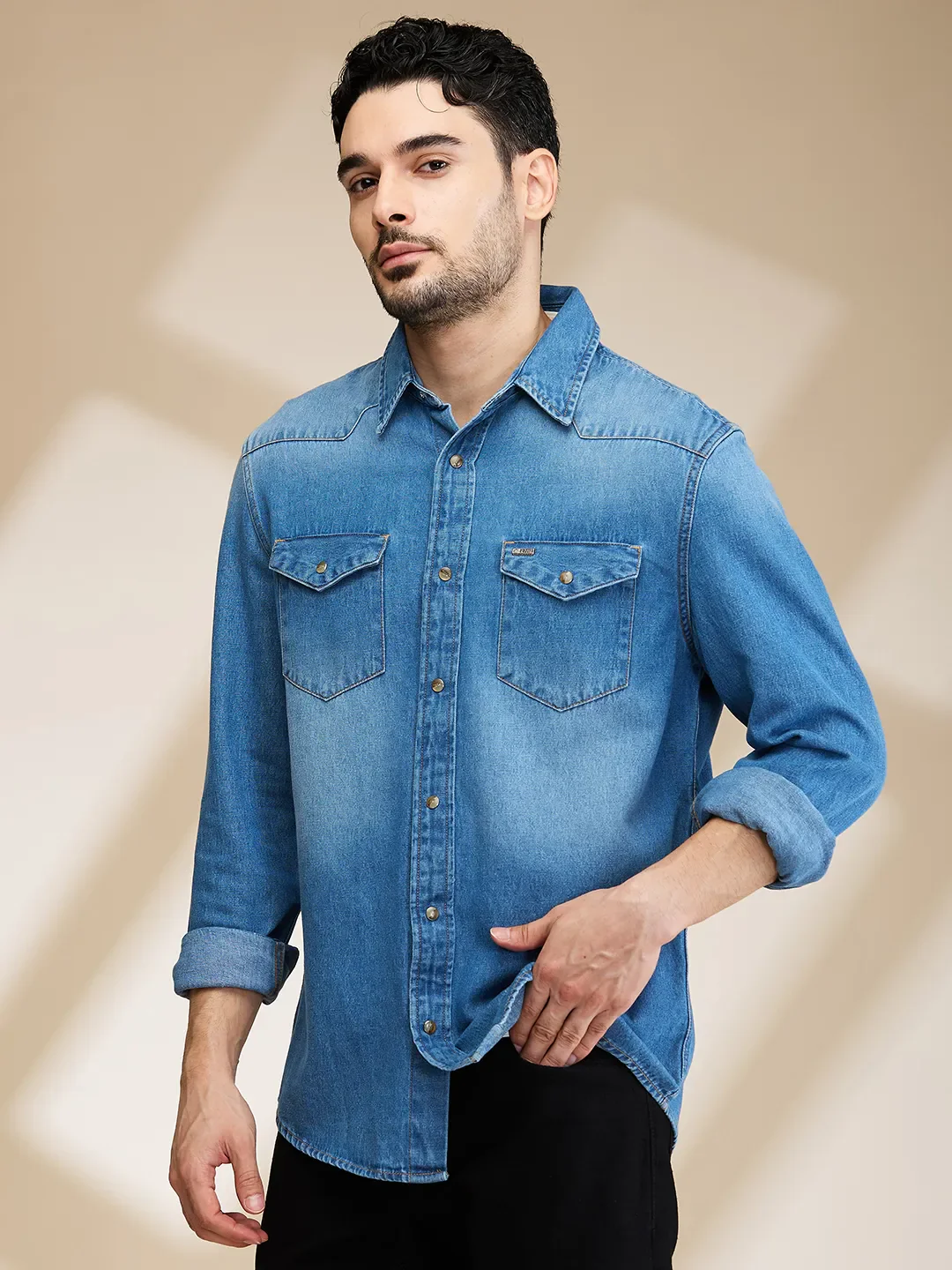 Blue Slim Fit Regular Collar Men's Shirt by Being Human Clothing - Image 4