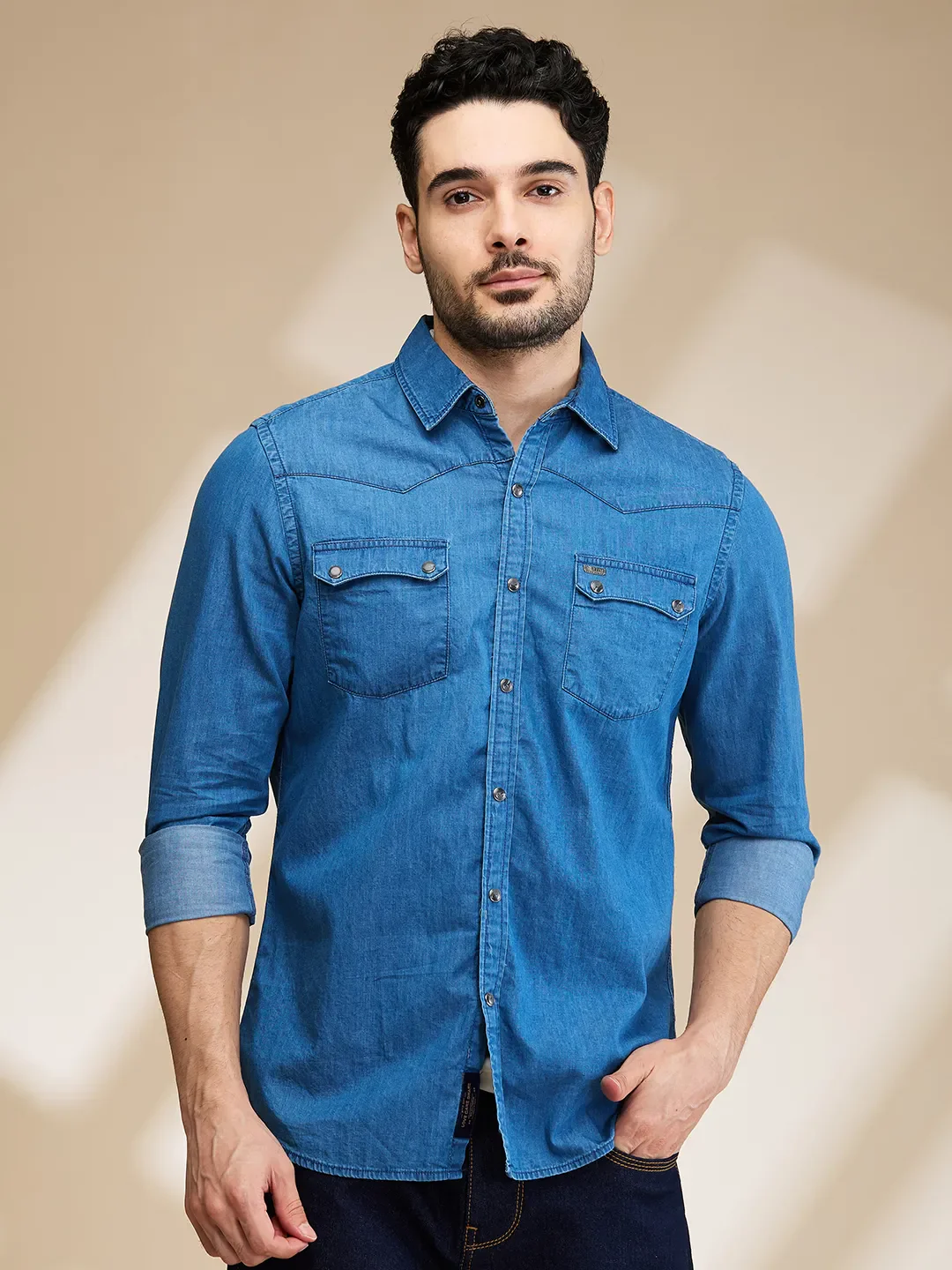 Blue Slim Fit Regular Collar Men's Shirt by Being Human Clothing