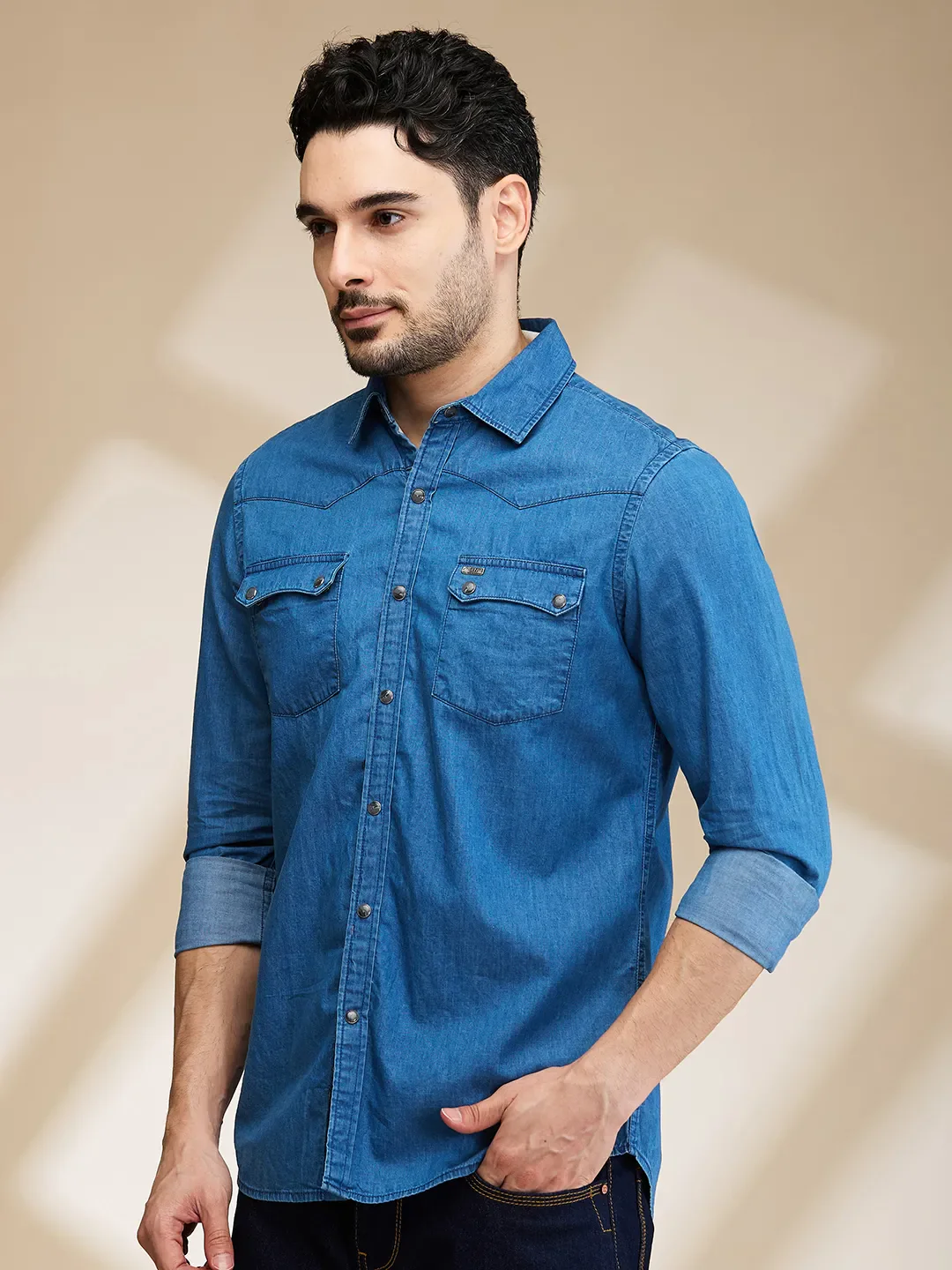 Blue Slim Fit Regular Collar Men's Shirt by Being Human Clothing - Image 4