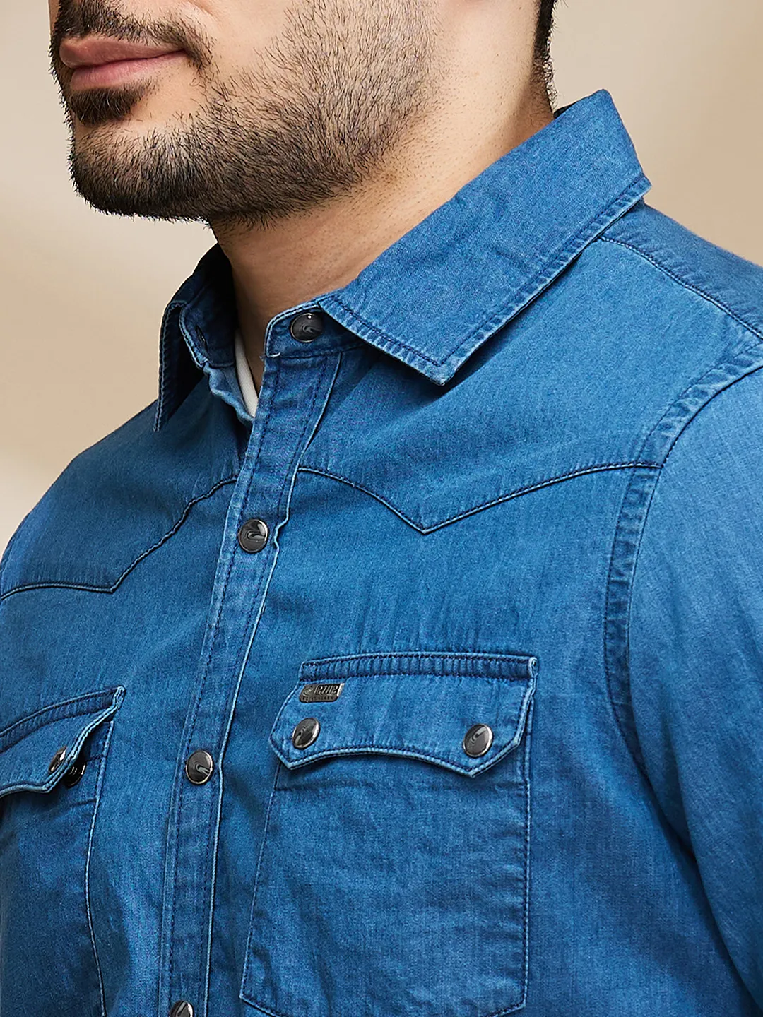 Blue Slim Fit Regular Collar Men's Shirt by Being Human Clothing - Image 5