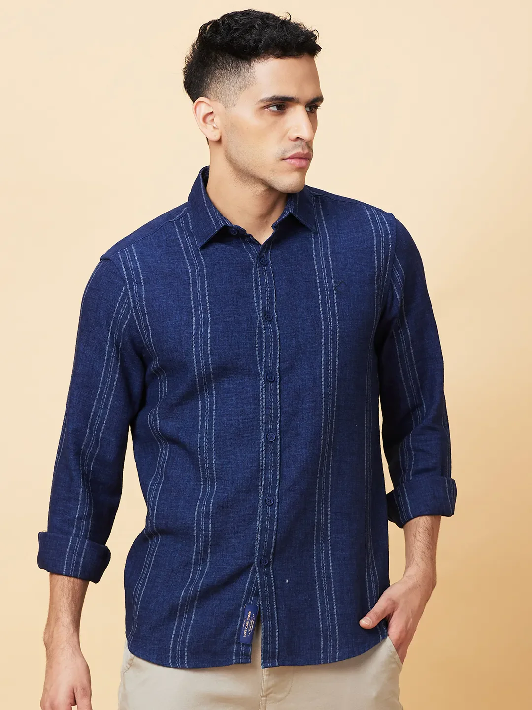 Navy Slim Fit Regular Collar Men's Shirt by Being Human Clothing