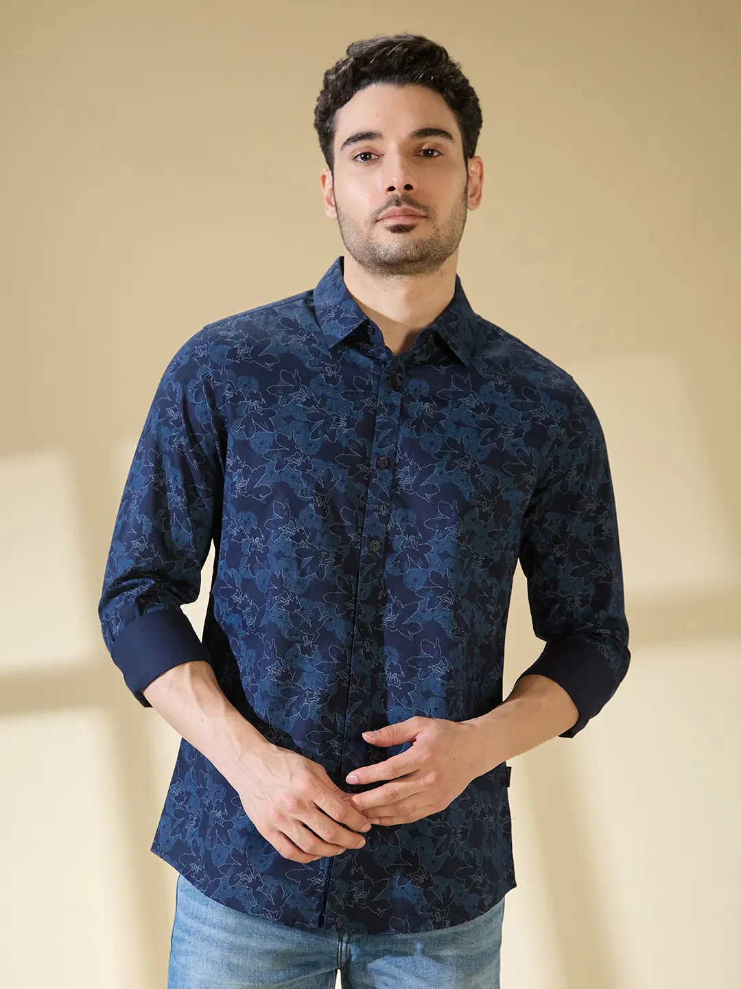 Blue Slim Straight Fit Regular Collar Long Sleeves Men's Shirt by Being Human Clothing