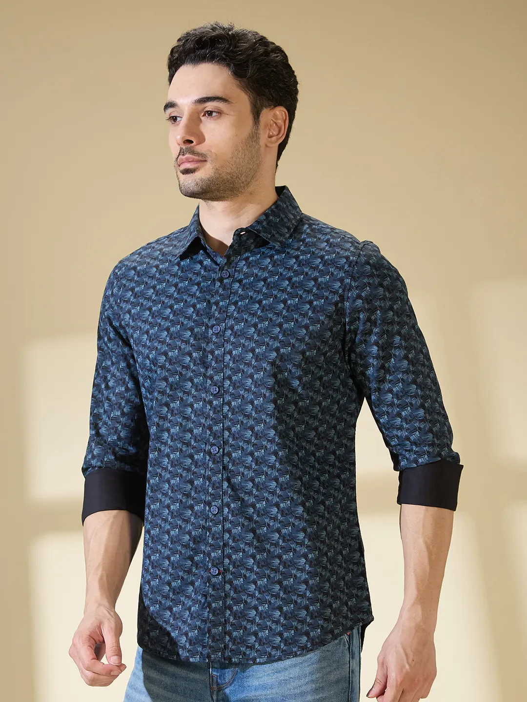 Blue Slim Straight Fit Regular Collar Long Sleeves Men's Shirt by Being Human Clothing - Image 4