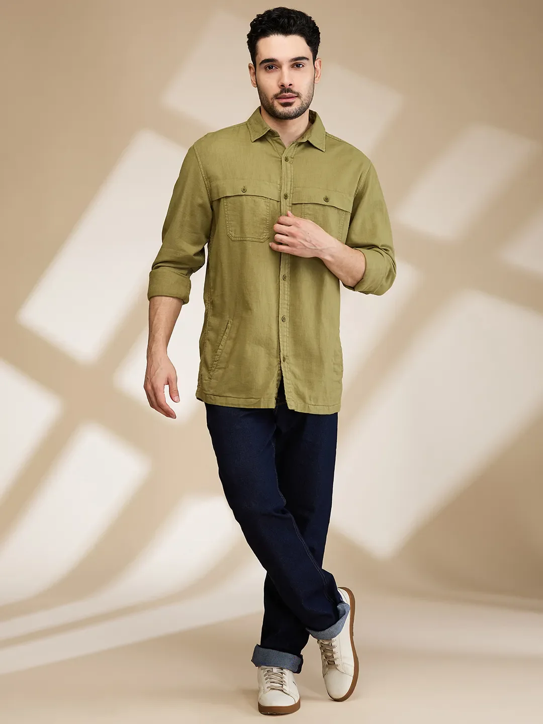 Olive Slim Straight Fit Regular Collar Long Sleeves Men's Shirt by Being Human Clothing - Image 2