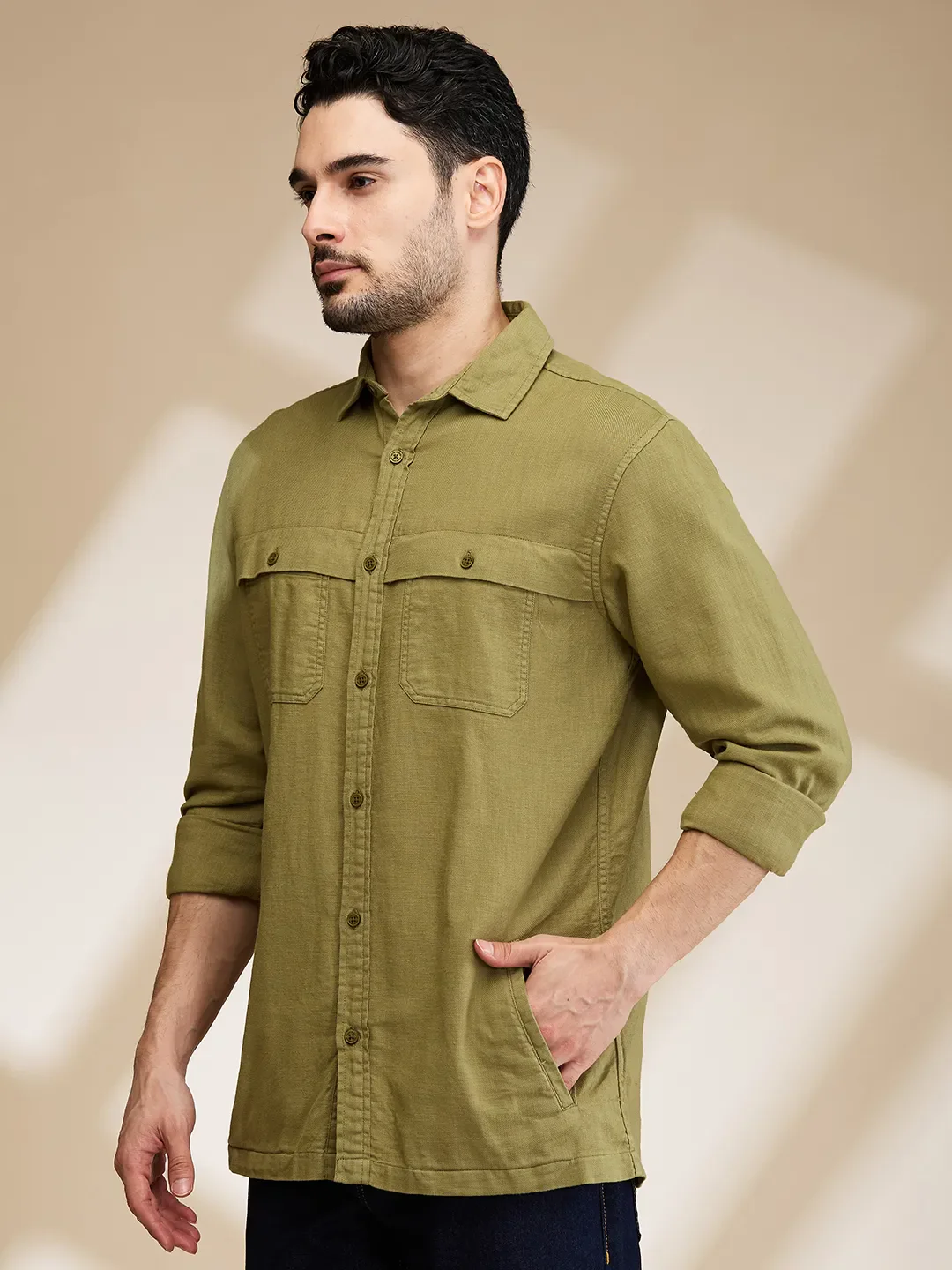 Olive Slim Straight Fit Regular Collar Long Sleeves Men's Shirt by Being Human Clothing - Image 4