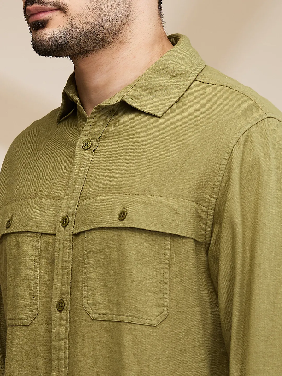 Olive Slim Straight Fit Regular Collar Long Sleeves Men's Shirt by Being Human Clothing - Image 5