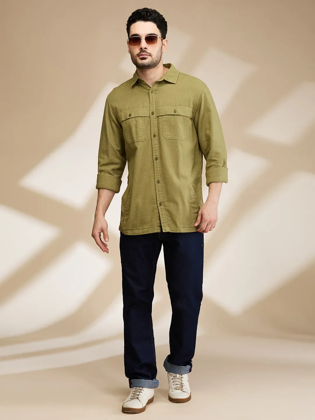 Olive Slim Straight Fit Regular Collar Long Sleeves Men's Shirt by Being Human Clothing - Image 6