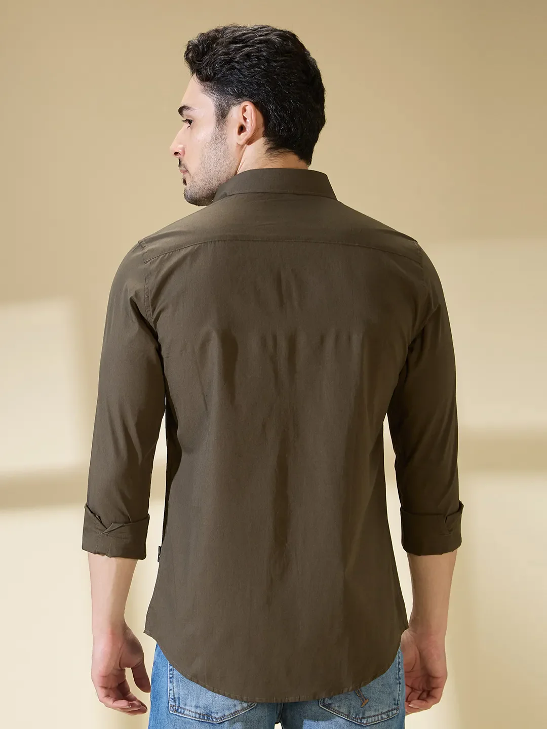 Olive Slim Straight Fit Regular Collar Long Sleeves Men's Shirt by Being Human Clothing - Image 3