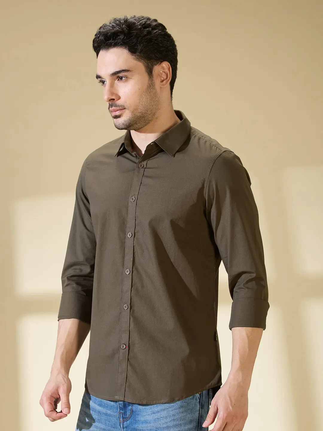 Olive Slim Straight Fit Regular Collar Long Sleeves Men's Shirt by Being Human Clothing - Image 4
