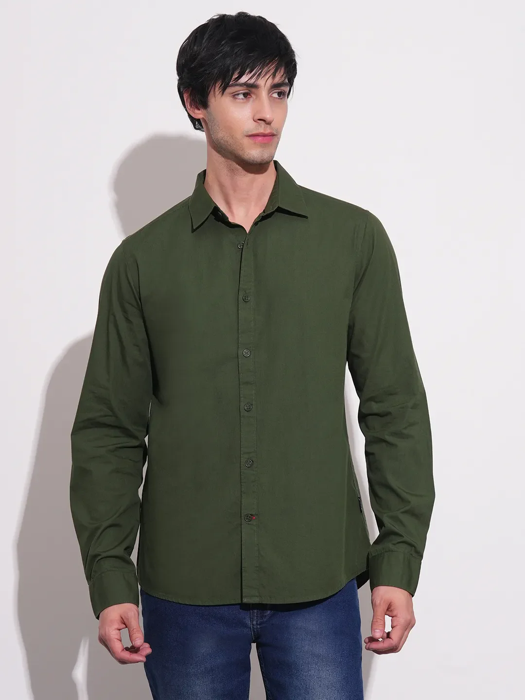 Olive Slim Straight Fit Regular Collar Long Sleeves Men's Shirt by Being Human Clothing