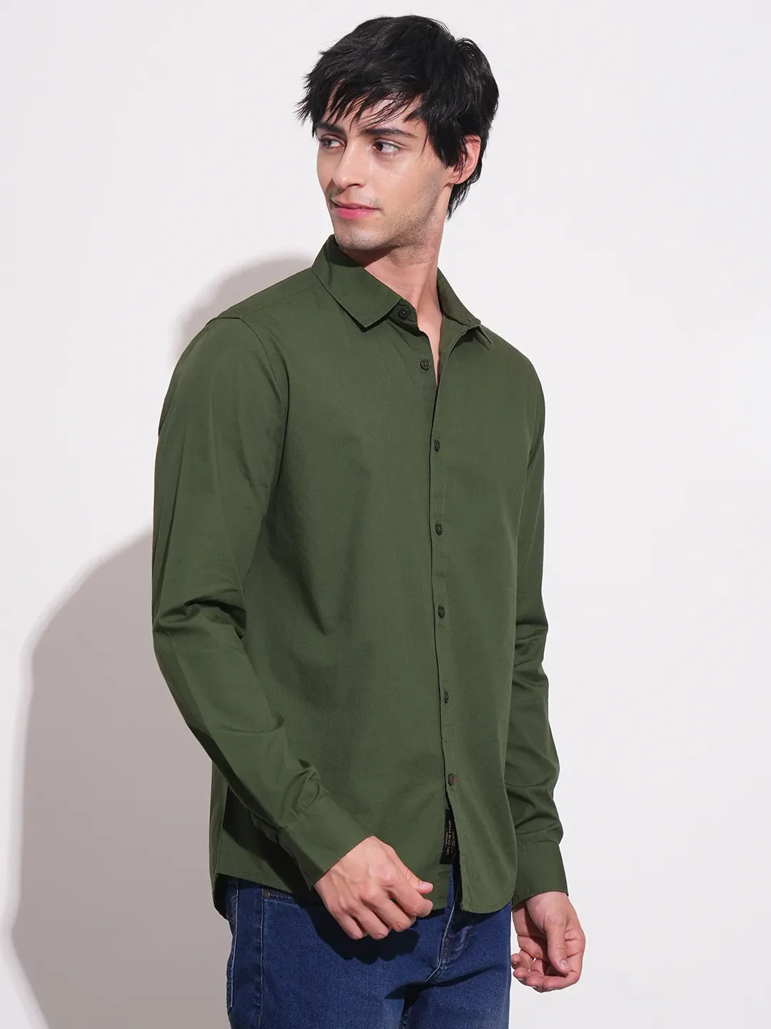 Olive Slim Straight Fit Regular Collar Long Sleeves Men's Shirt by Being Human Clothing - Image 2