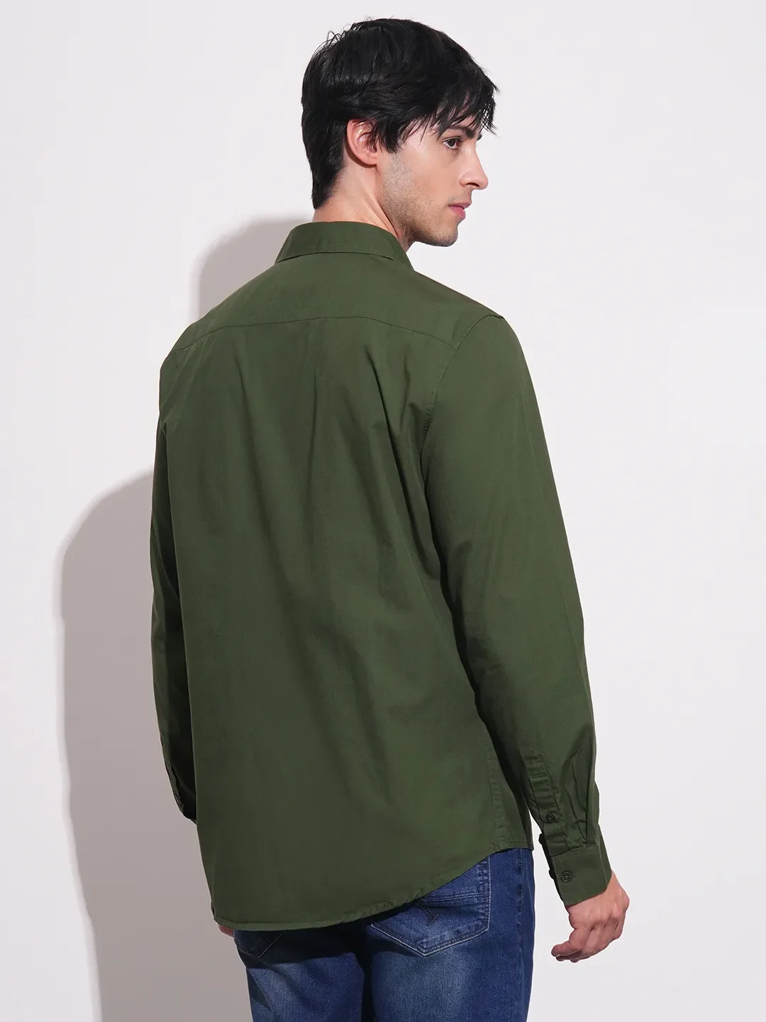 Olive Slim Straight Fit Regular Collar Long Sleeves Men's Shirt by Being Human Clothing - Image 3