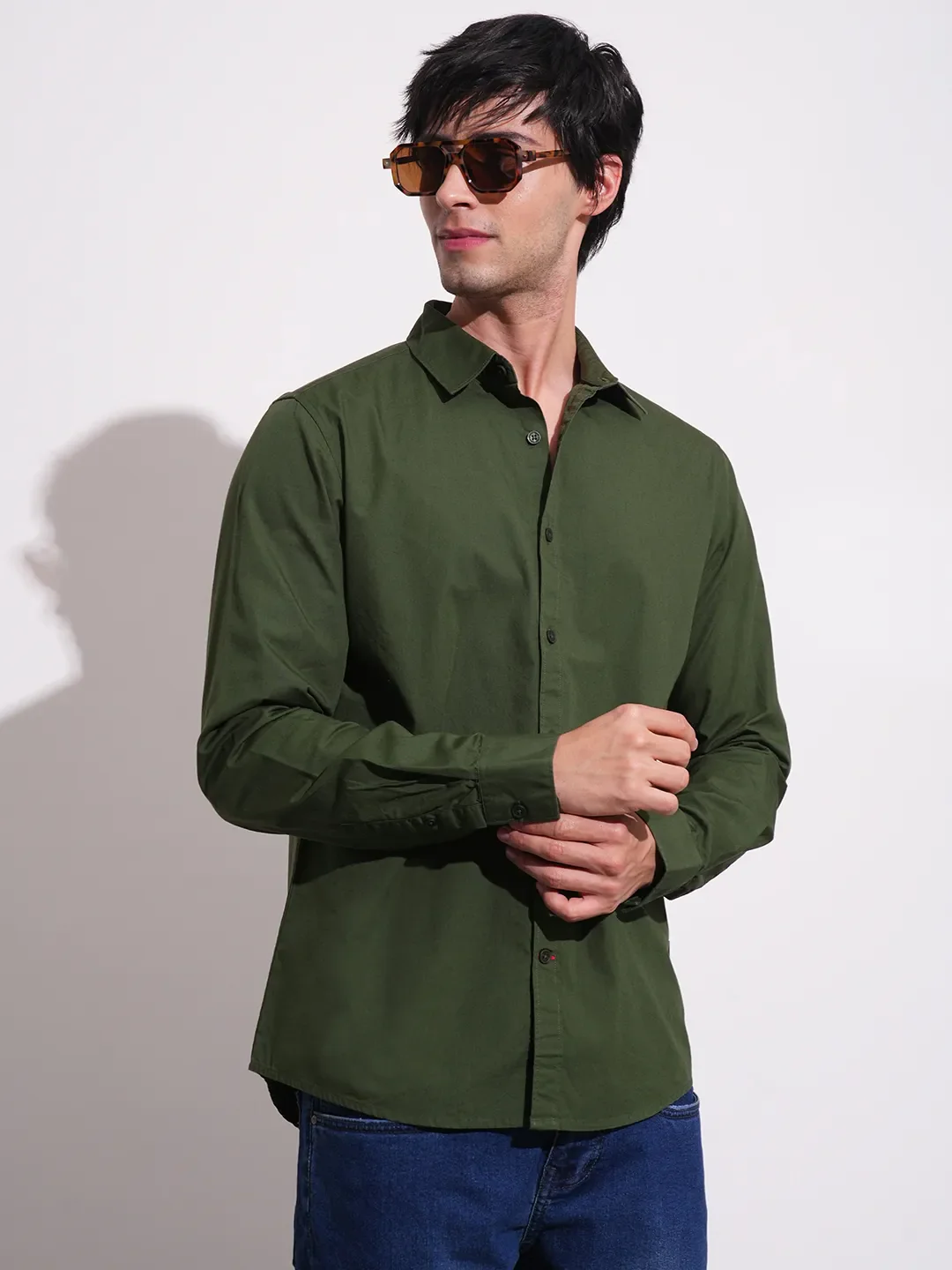 Olive Slim Straight Fit Regular Collar Long Sleeves Men's Shirt by Being Human Clothing - Image 6