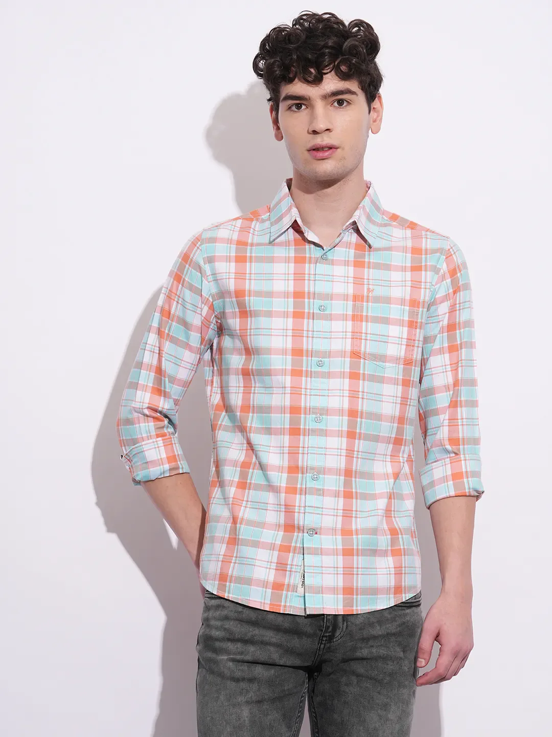 Orange Regular Fit Regular Collar Men's Shirt by Being Human Clothing