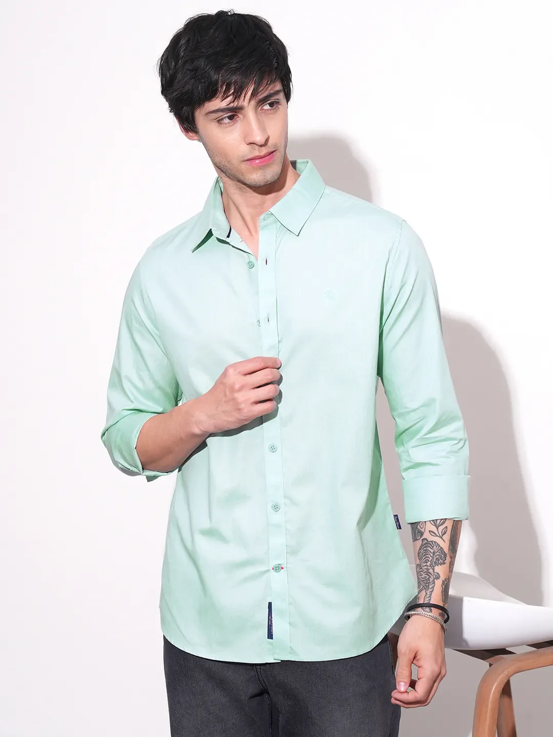 Green Slim Straight Fit Regular Collar Long Sleeves Men's Shirt by Being Human Clothing - Image 6