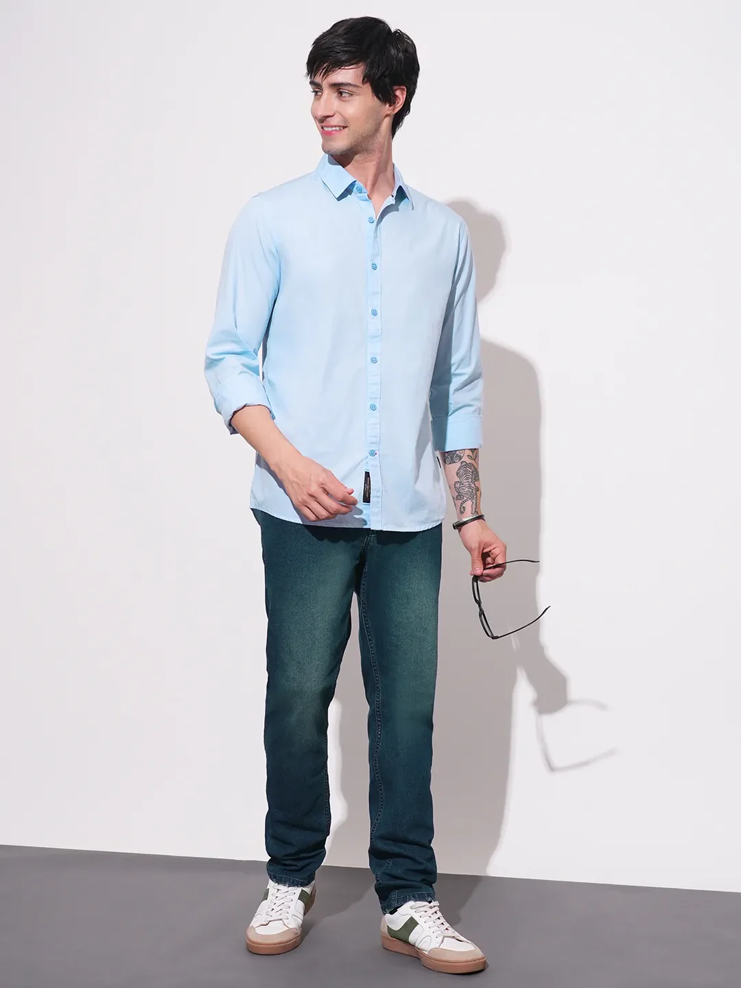 Blue Slim Straight Fit Regular Collar Long Sleeves Men's Shirt by Being Human Clothing - Image 4
